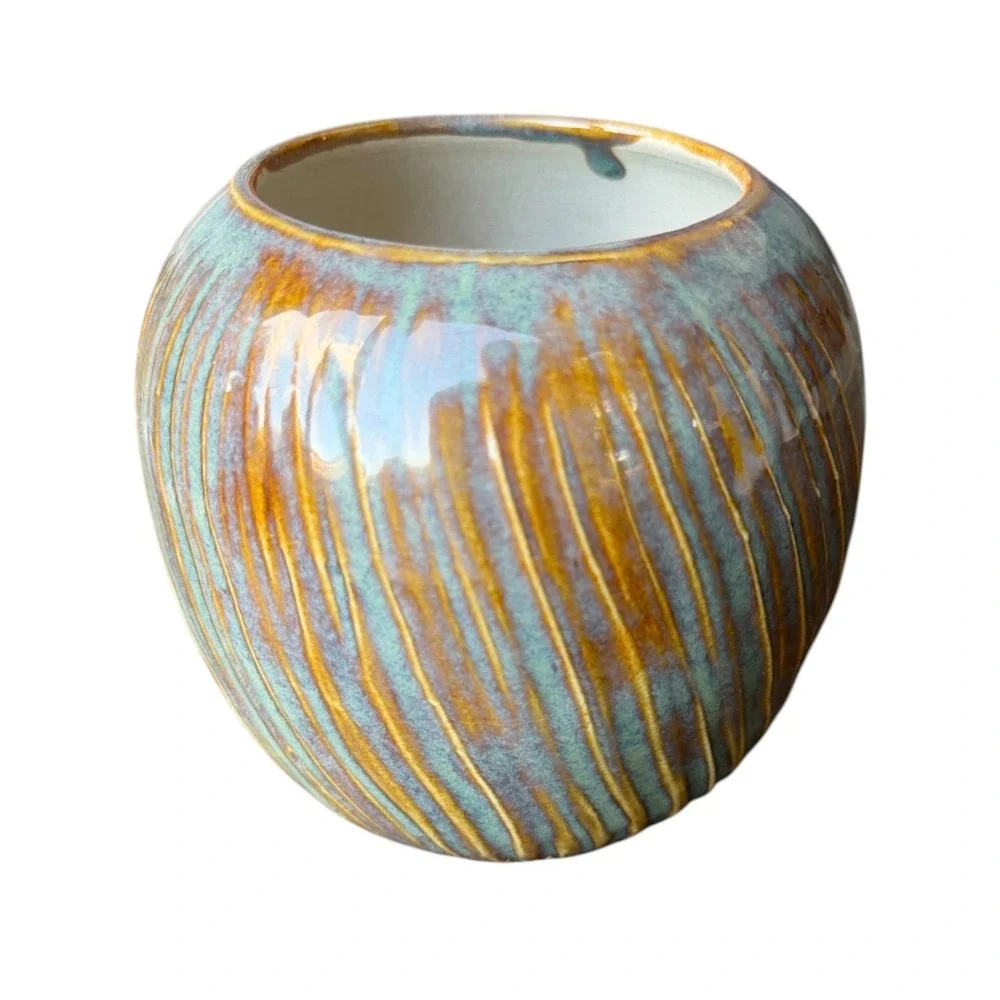 Handmade Studio Pottery Planter Vase Teal Amber Reactive Glaze Ribbed Pottery
